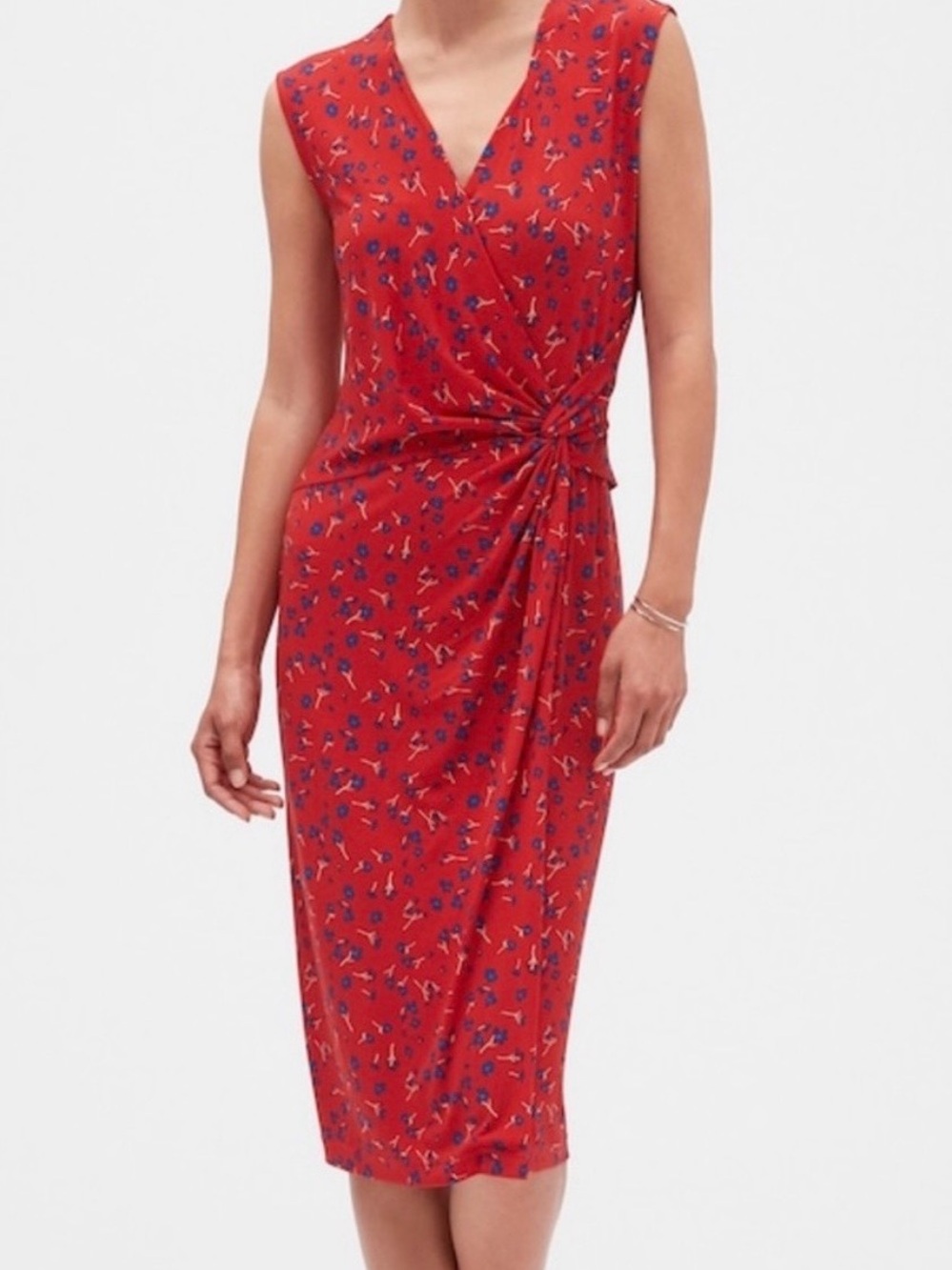 Banana Republic Red Floral Twist-Detail Midi Dress